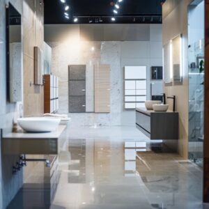 a sleek, modern bathroom renovation showroom showcases exquisite tile samples and elegant fixtures, reflecting the professionalism and attention to detail of a reliable contractor.